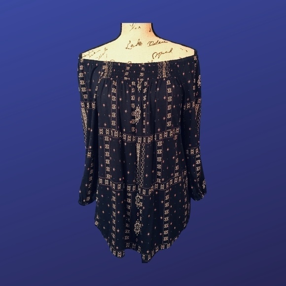 MAURICES Off Shoulder Tunic Top, NAVY/CORAL/CREAM Ethnic Print, Size M, NWOT - Picture 1 of 9